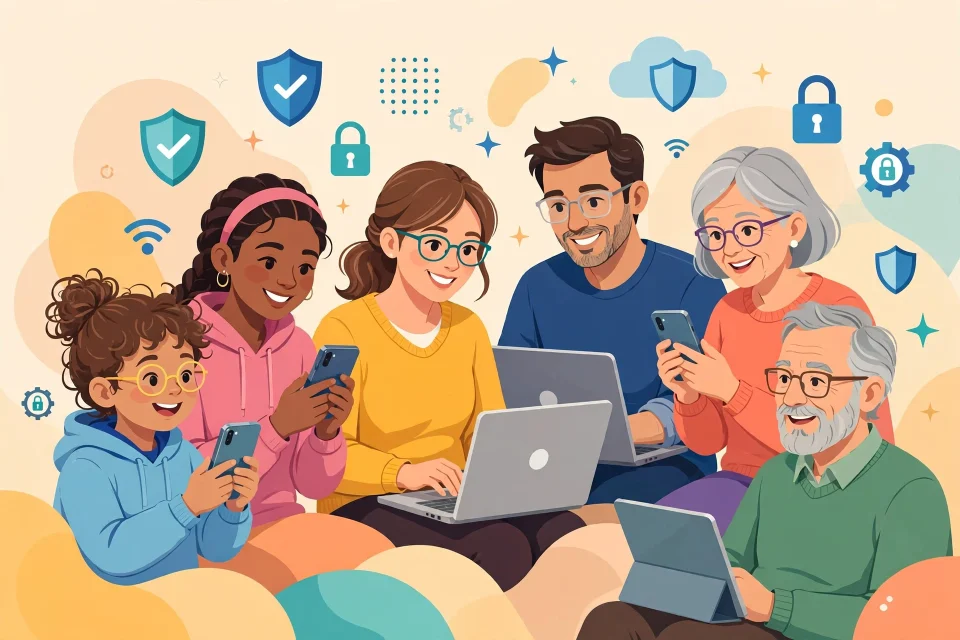 Ilustrasi orang-orang tersenyum menggunakan internet yang aman dengan perisai pelindung