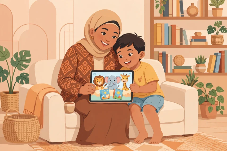 Orang tua dan anak menonton konten edukatif yang aman di tablet