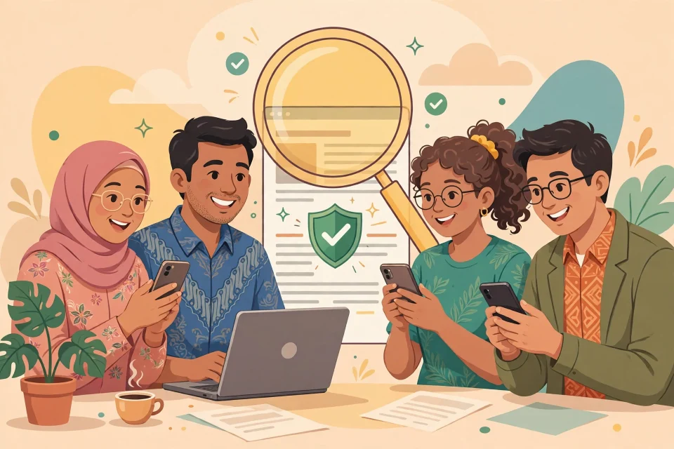 Ilustrasi masyarakat memeriksa kebenaran berita di ponsel untuk melawan hoaks