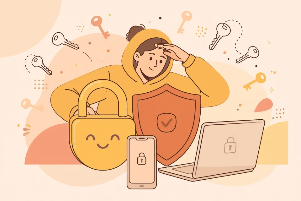 Ilustrasi seseorang melindungi akun online dengan gembok dan perisai digital