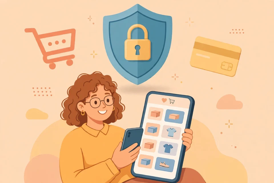 Ilustrasi seseorang berbelanja online dengan aman, dilindungi perisai dan gembok