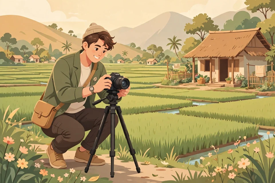 Kreator konten desa menyiapkan kamera di atas tripod di tengah sawah