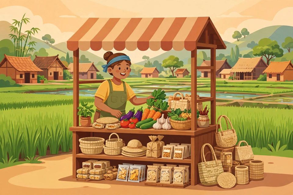 Ilustrasi usaha kecil di desa yang sedang berkembang, warung produk pertanian dan kerajinan lokal