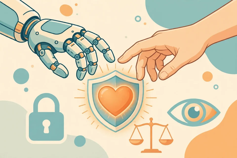 Ilustrasi tangan robot dan tangan manusia saling menggapai dengan hati dan perisai, simbol AI yang etis dan manusiawi