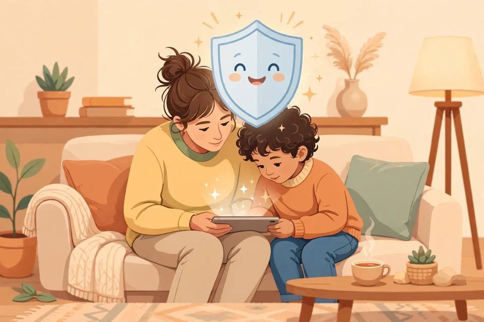 Orang tua dan anak melihat tablet bersama dengan perisai pelindung di atasnya