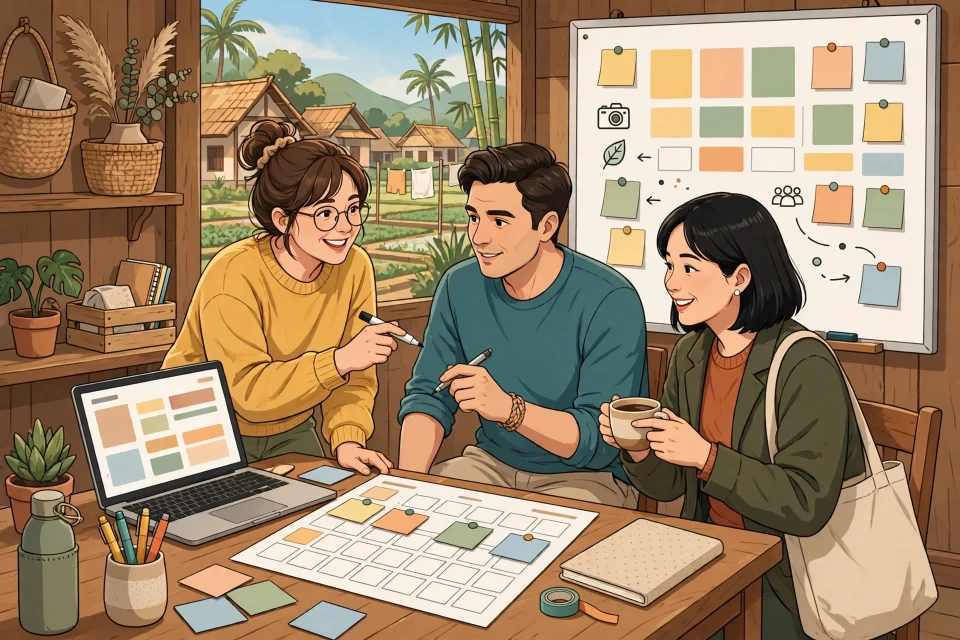 Ilustrasi tim desa merencanakan kalender konten