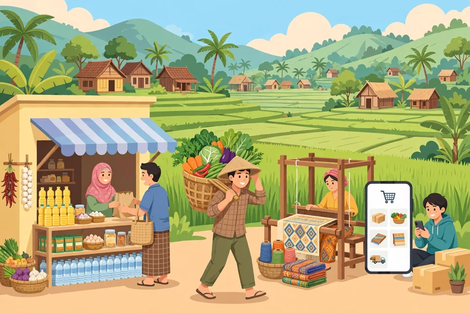 Ilustrasi berbagai peluang usaha di desa: warung, hasil panen, dan kerajinan tangan