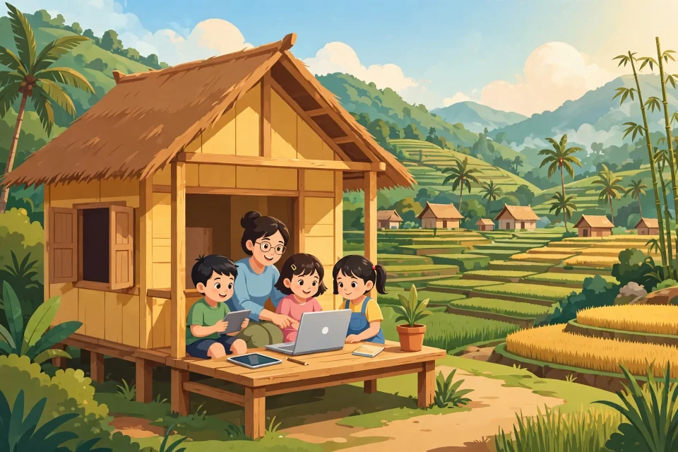 Ilustrasi sekolah pedesaan yang belajar memakai media digital