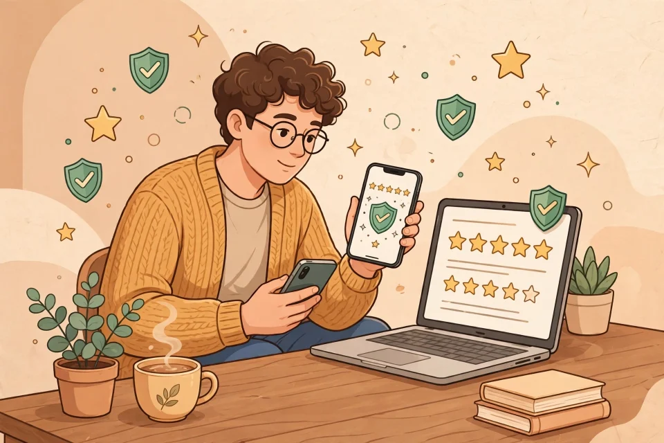 Ilustrasi seseorang membaca ulasan dan rekomendasi tepercaya di ponsel dan laptop
