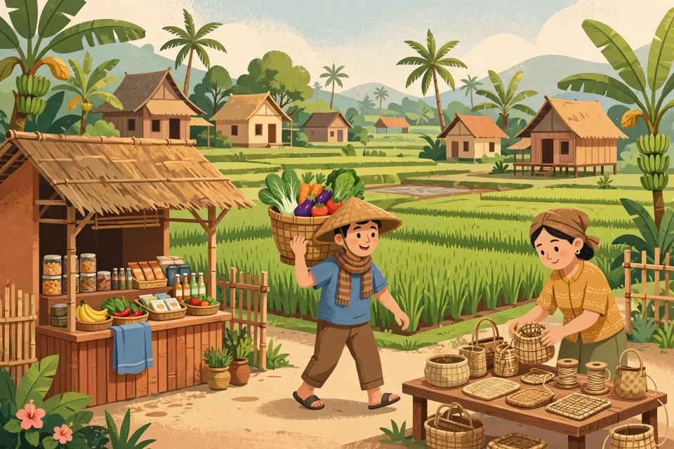 Ilustrasi usaha menjanjikan di desa, warung dan hasil pertanian