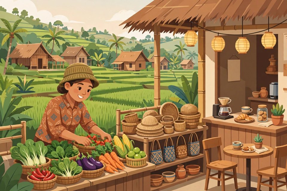 Ilustrasi usaha menjanjikan di pedesaan: warung hasil bumi, kerajinan, dan suasana desa yang asri
