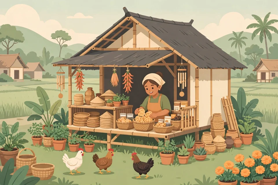 Ilustrasi usaha rumahan di desa: warung kecil menjual sayur, camilan, dan kerajinan