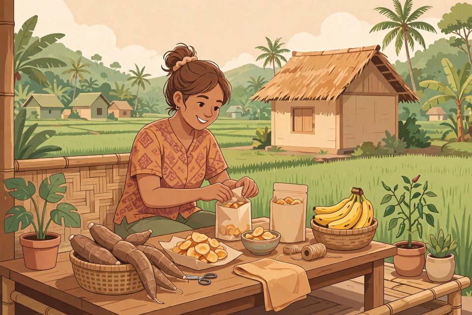 Ilustrasi usaha rumahan modal kecil di desa, seseorang mengemas makanan olahan di rumah