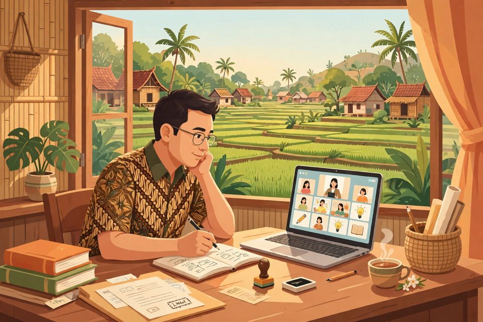 Ilustrasi aparatur desa belajar administrasi desa secara online dari rumah
