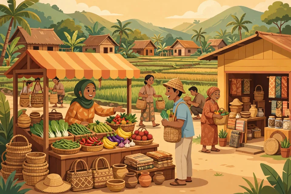 Ilustrasi usaha kecil di desa yang ramai dan penuh peluang