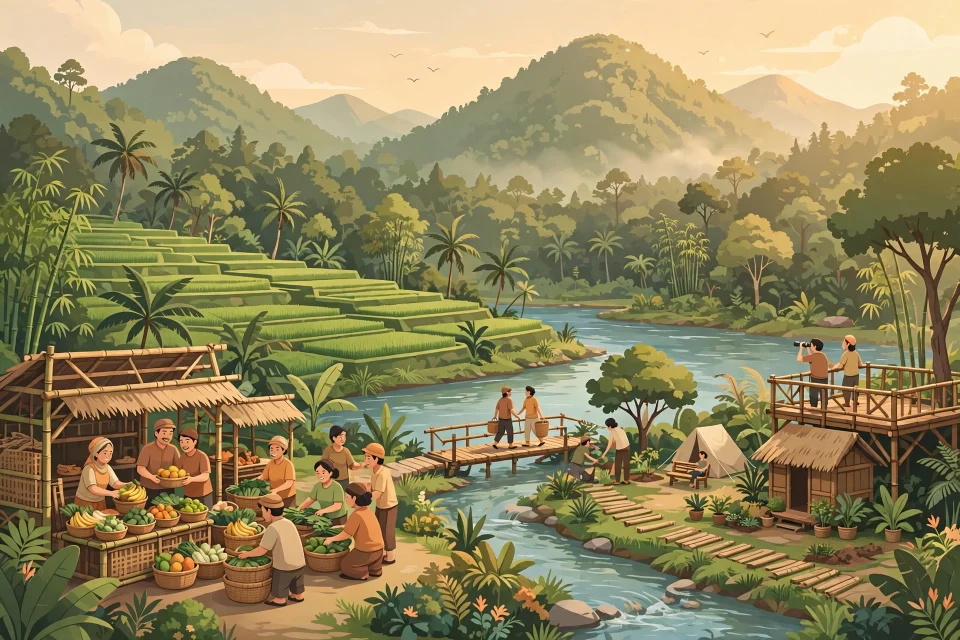 Ilustrasi warga desa mengelola kekayaan alam melalui BUMDes