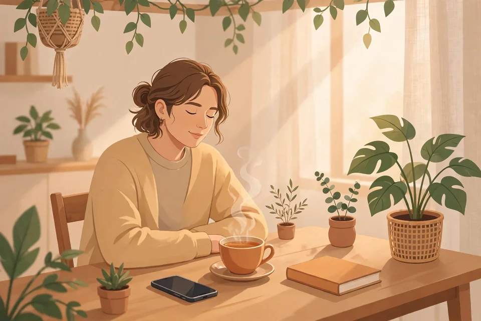 Ilustrasi seseorang yang tenang beristirahat dari ponsel, menjaga kesehatan mental di era digital
