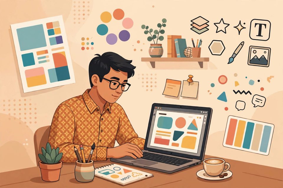 Ilustrasi seseorang sedang mendesain di laptop dengan Canva, dikelilingi elemen desain warna-warni