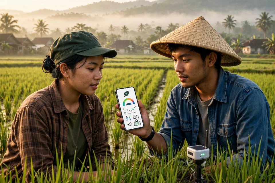Petani desa memeriksa tanaman dengan aplikasi agritech di sawah