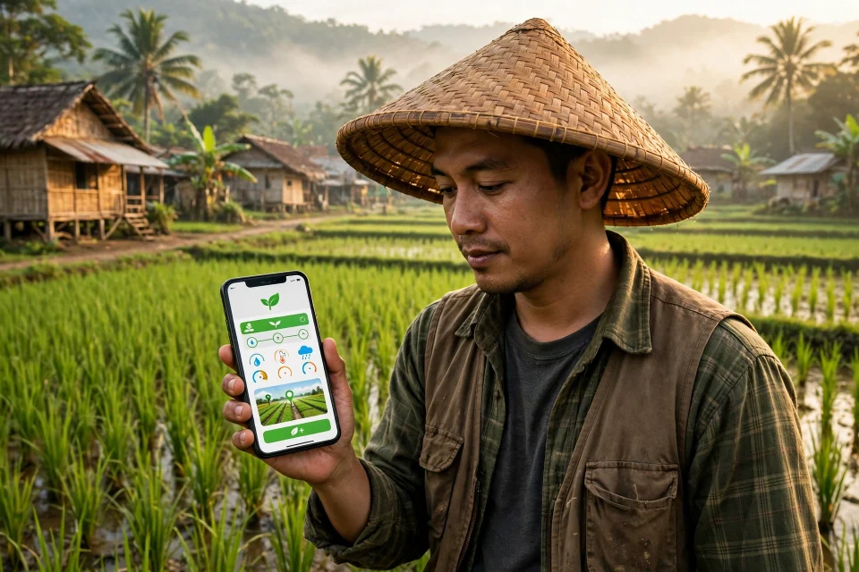 Petani Indonesia memeriksa tanaman dengan aplikasi pertanian di ponsel