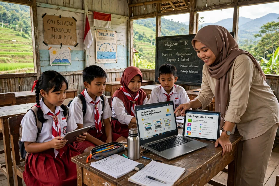 Siswa desa belajar memakai laptop dan tablet didampingi guru