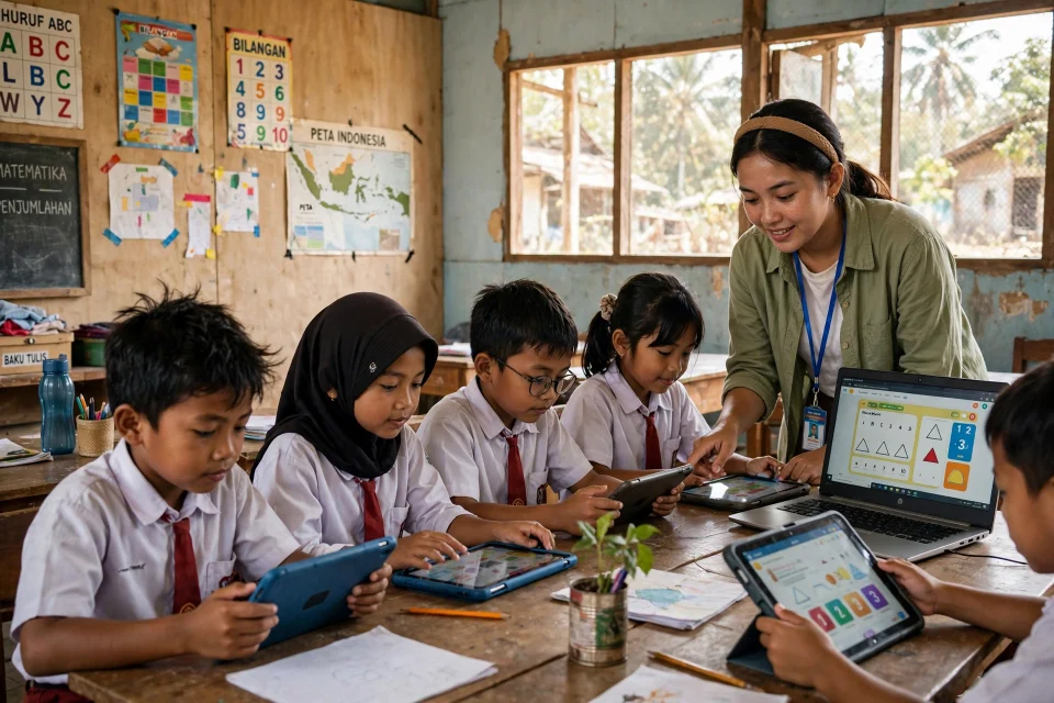 Anak-anak desa belajar memakai tablet didampingi guru di kelas