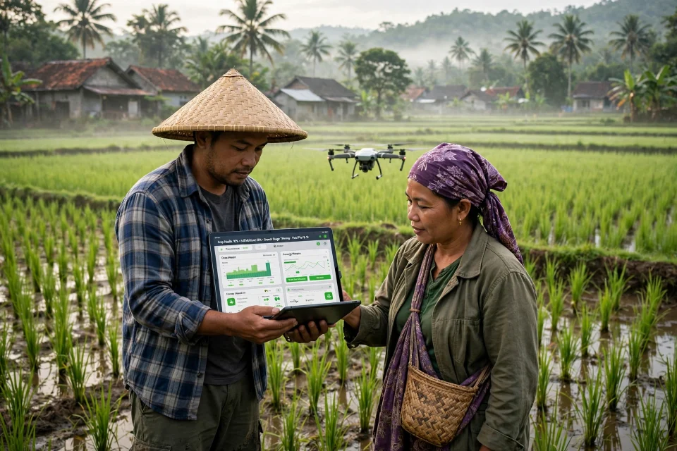 Petani desa memeriksa data tanaman lewat tablet di sawah pada pagi hari