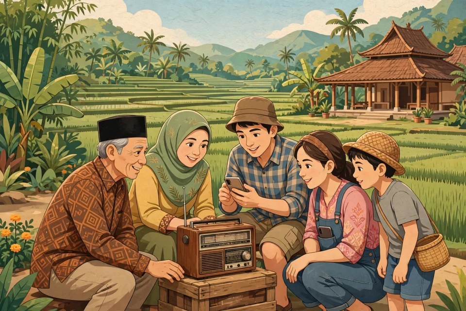 Warga desa berkumpul mendengarkan radio komunitas dan melihat konten di ponsel