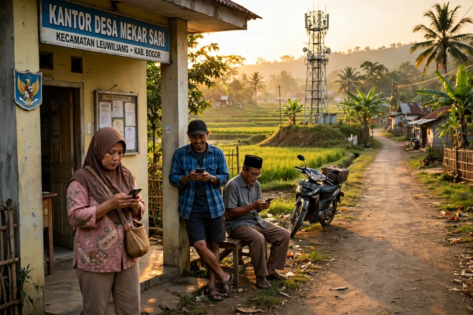 Desa digital Indonesia: warga desa menggunakan ponsel dengan latar sawah dan menara internet