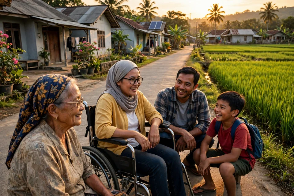 Warga desa dari berbagai usia berbincang di jalan desa di samping sawah