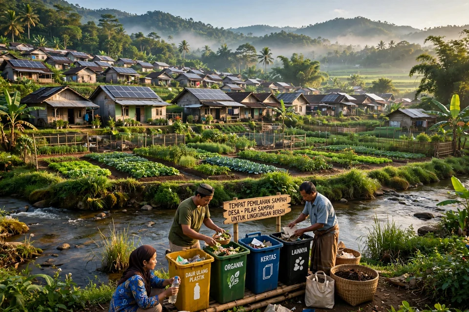 Desa hijau dengan panel surya, kebun, dan sungai bersih