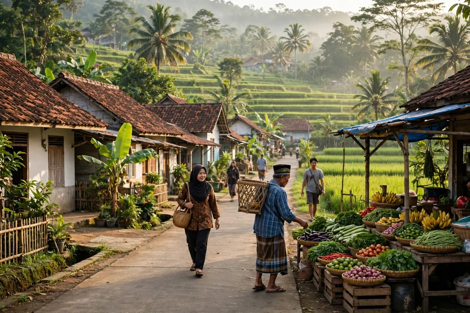 Desa Indonesia yang asri dengan jalan rapi dan sawah hijau