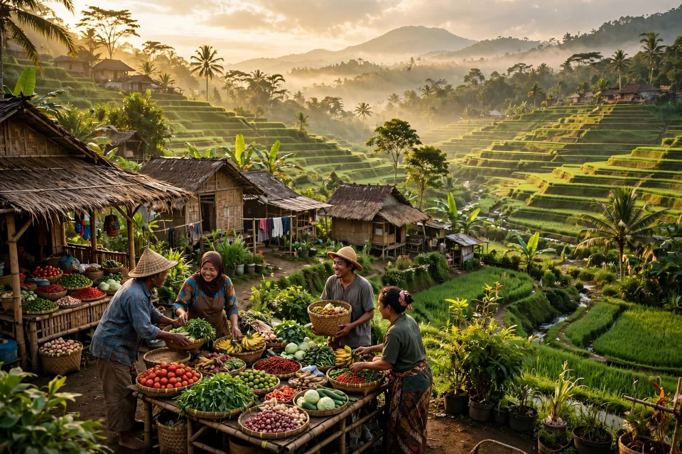 Pemandangan desa yang sejahtera dengan sawah dan pasar desa