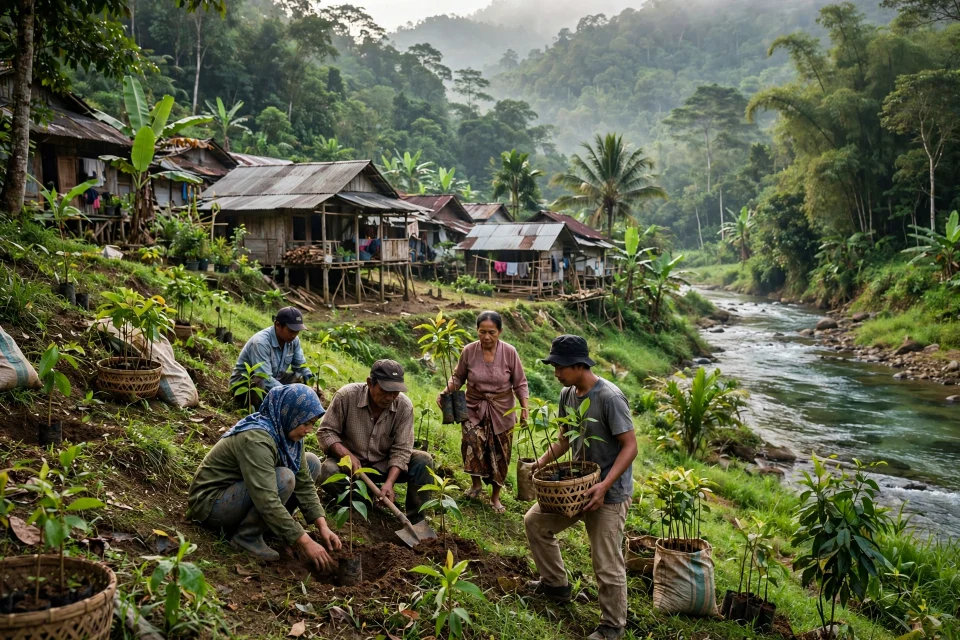 Desa hijau di kaki bukit berhutan dengan sungai dan warga menanam pohon