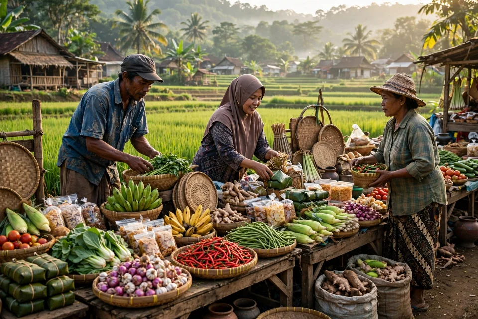Pasar desa di Indonesia yang ramai dengan produk lokal