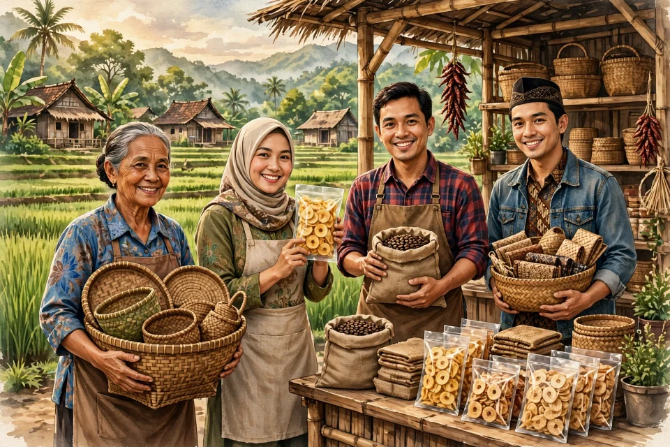 Wirausaha desa memamerkan produk lokal di pusat inkubasi bisnis desa