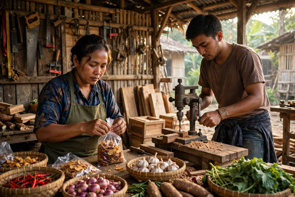 Warga desa bekerja di bengkel usaha lokal