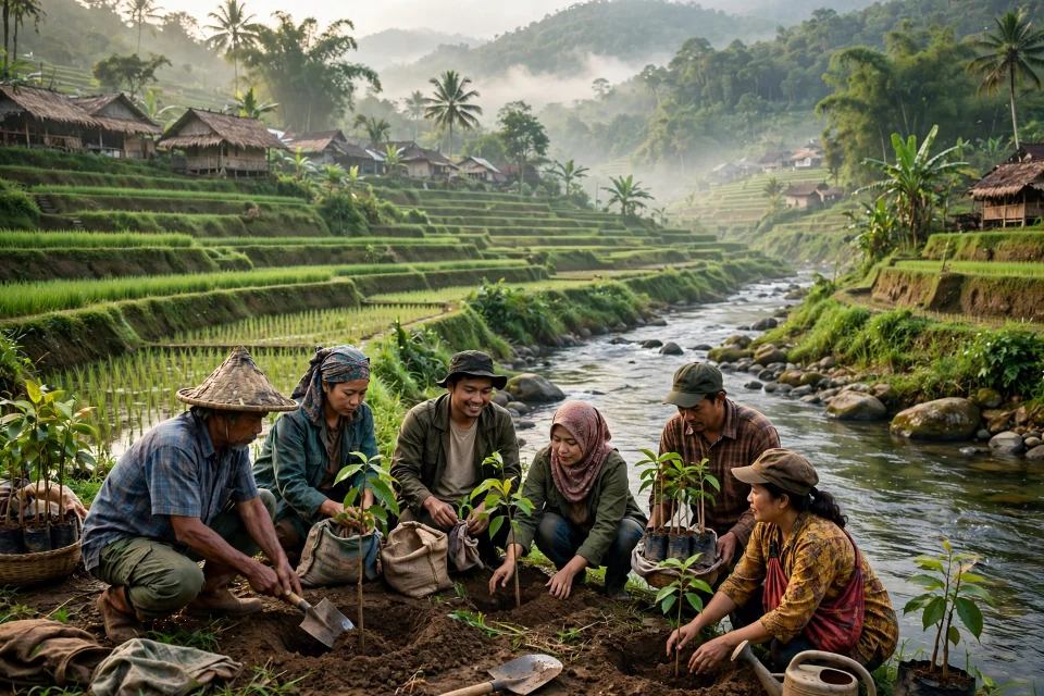 Pemandangan desa hijau dengan sawah terasering dan sungai bersih