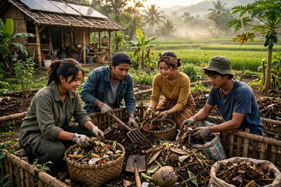 Warga desa memilah sampah organik dan mengolah kompos di kebun desa yang hijau