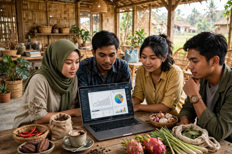 Wirausahawan muda desa berdiskusi di ruang kerja bersama sambil melihat laptop