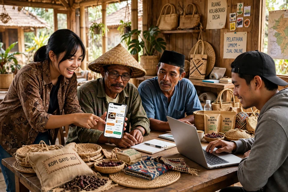Pemuda desa bekerja bersama memakai teknologi digital di ruang kerja desa