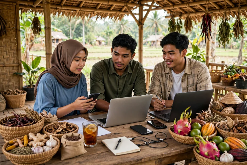 Pelaku startup desa bekerja dengan laptop dan ponsel di ruang kerja desa