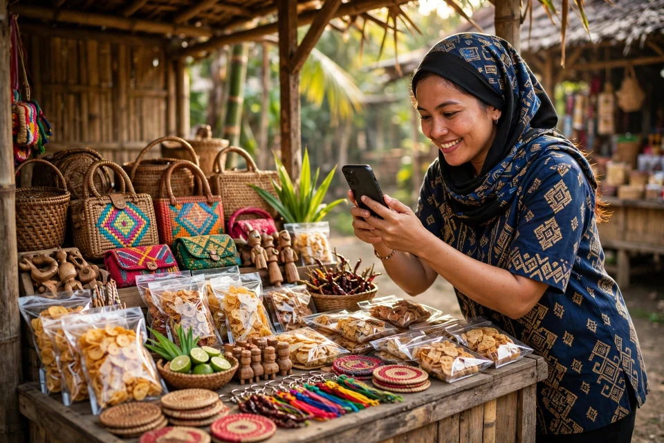 Pelaku UMKM desa memotret produk untuk dijual online