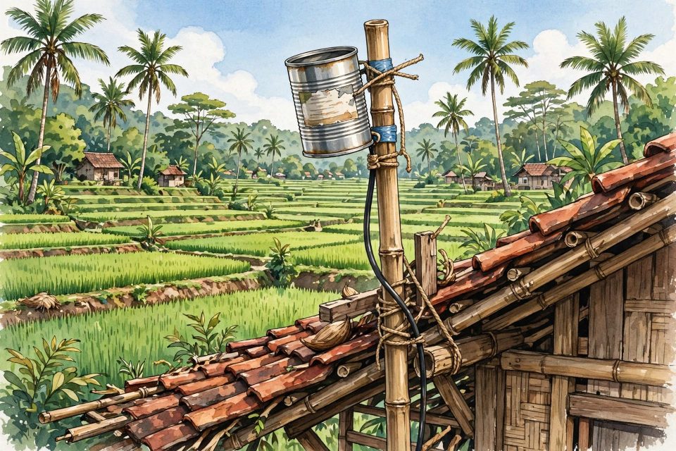 Ilustrasi antena kaleng di atap rumah pedesaan