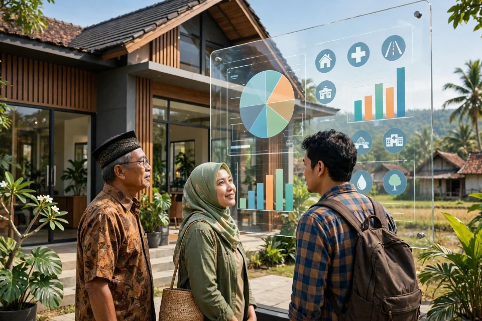 Ilustrasi kantor desa dengan papan informasi digital yang transparan
