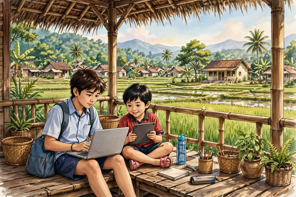 Siswa desa belajar online dengan laptop di beranda rumah