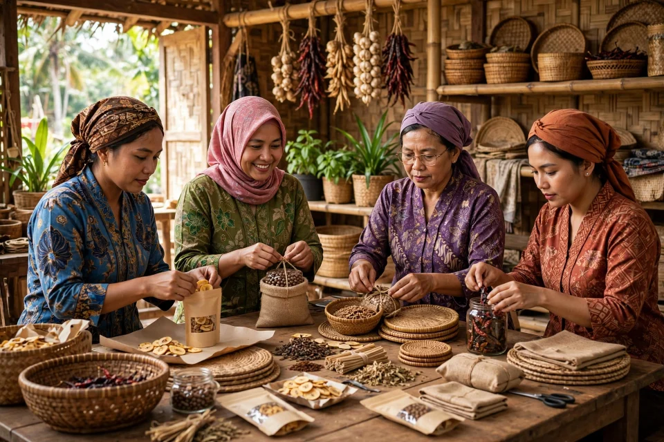 Perempuan wirausaha desa mengemas produk lokal di workshop desa