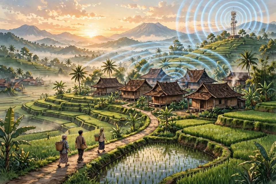 Ilustrasi desa dengan menara internet di pagi hari