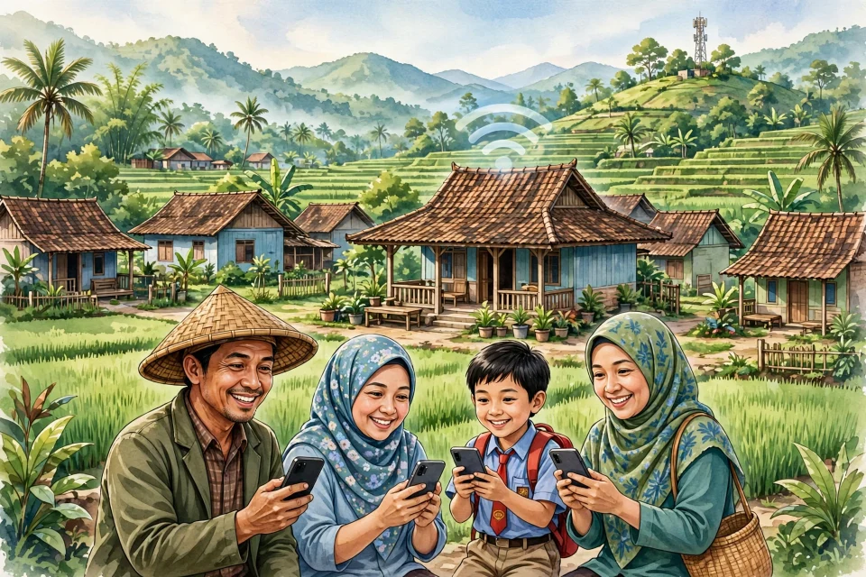 Ilustrasi desa Indonesia dengan akses internet