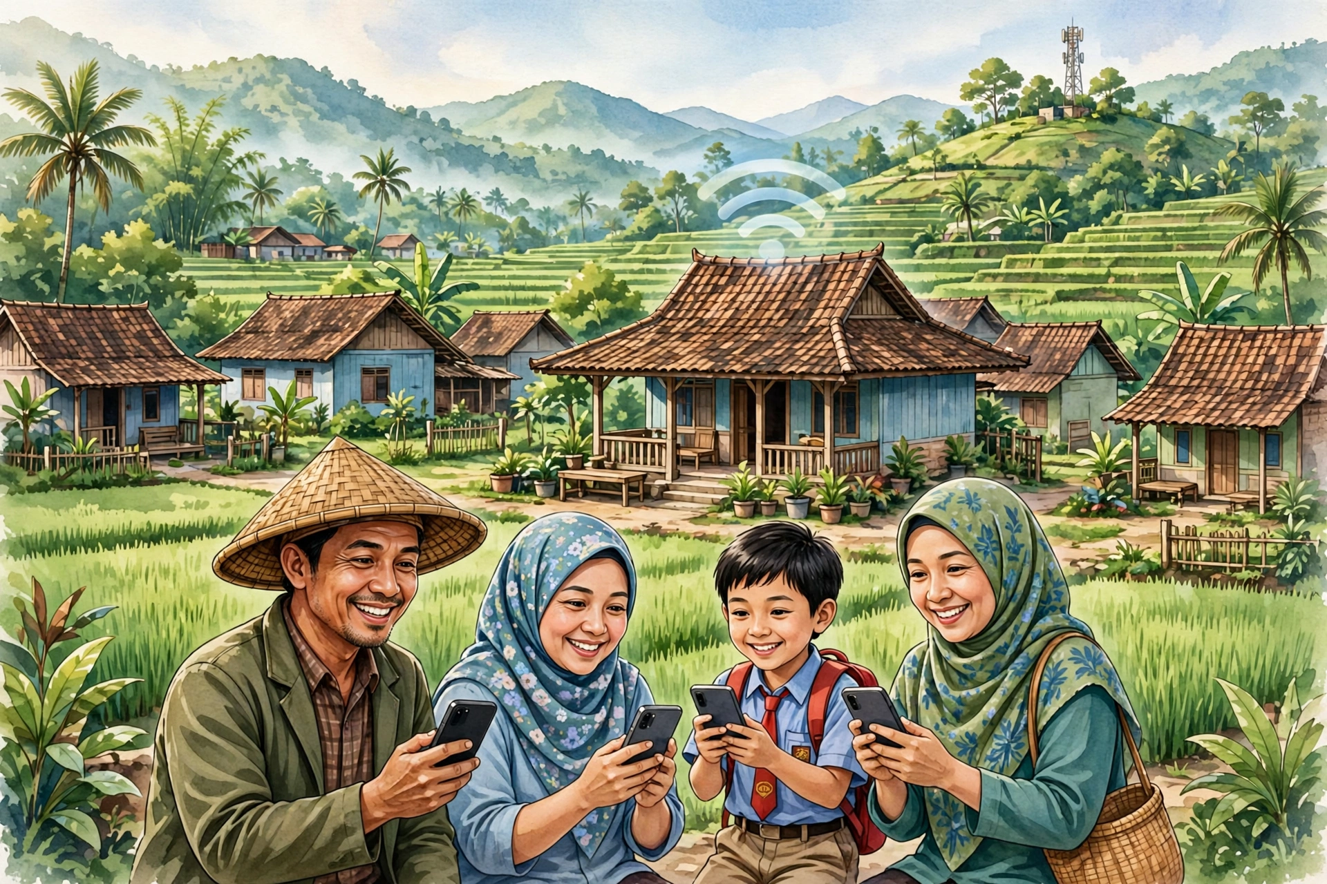 Ilustrasi desa Indonesia dengan akses internet